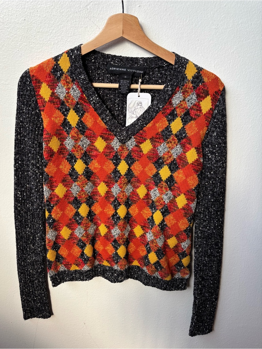 Adrienne Vittadini V-Neck Argyle Sweater in Orange, Yellow & Black